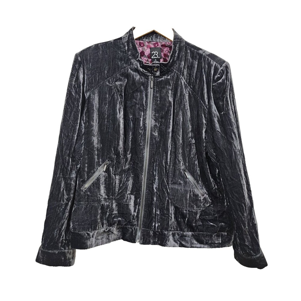 23rd St. Crushed Velvet Bomber Jacket Gray Full Zip Floral Lining Womens XL